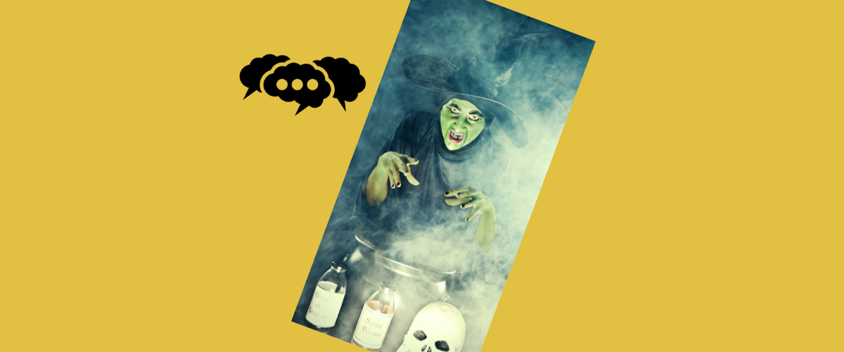 image of a green-skinned witch in front of spells, next to a Conversations icon.