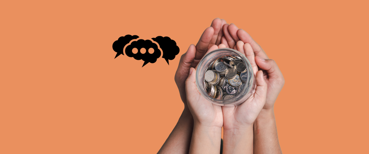 adult hands cradle a child's hand, who is holding a jar full of coins, next to the Conversations icon.