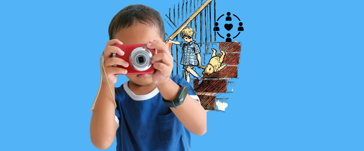 image of a child taking a photo and illustration of Christopher Robin walking down stairs with a Winnie the Pooh doll