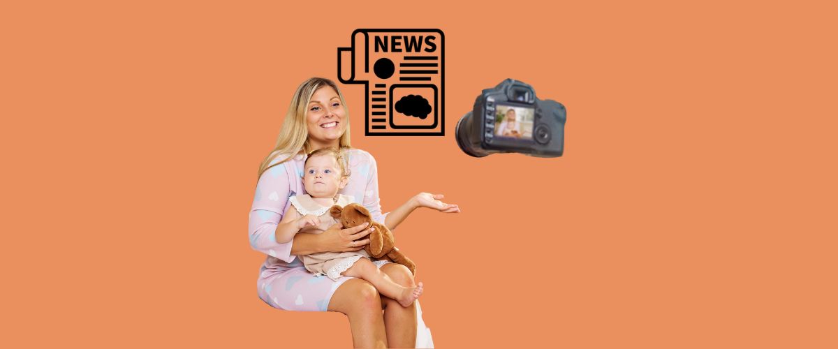 photo of young blonde talking to a camera and holding a baby with the icon that says "News"