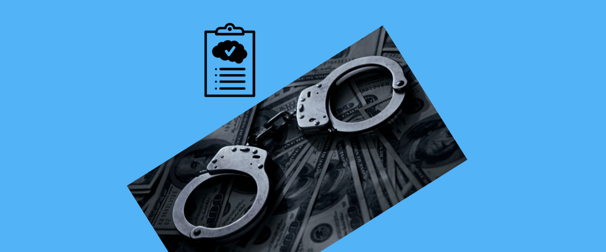 image of handcuffs laying on piles of money, next to a Primers icon.