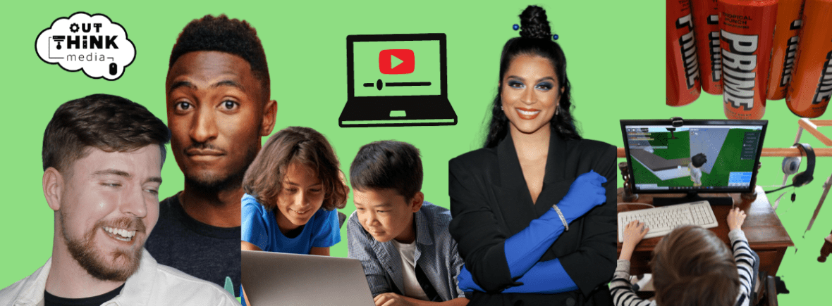 Famous YouTubers' pictures against a green background and with children peering into a laptop