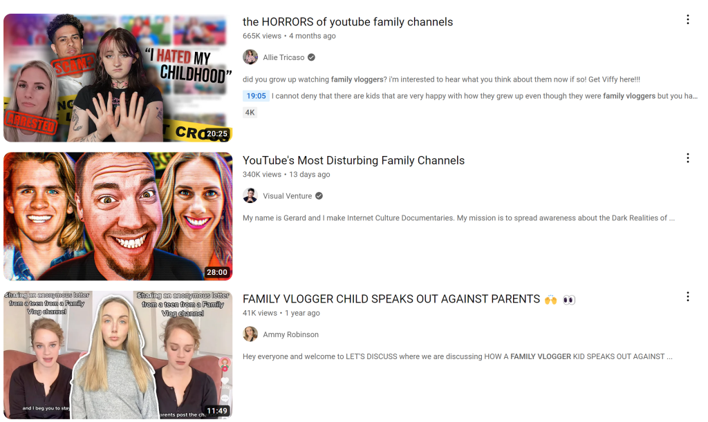 screenshots of 3 videos on YouTube with titles like "The HORRORS of youtube family channels"
