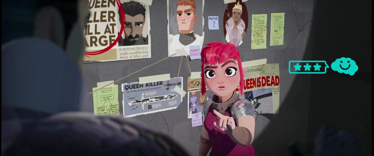 Image of an animated teenager with red hair, pointing to someone in the foregrounds, against a display of a "crime" boatrd