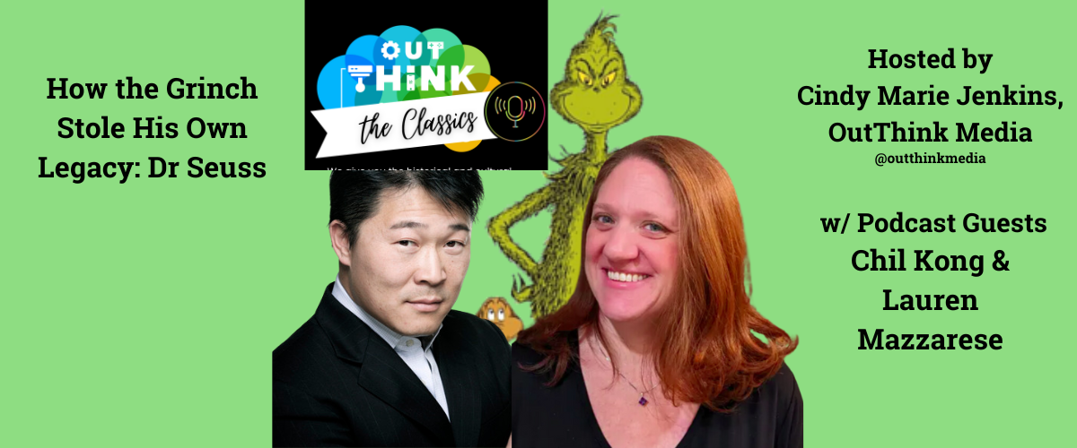 image of podcast guests Chil Kong and Lauren Mazzarese with the Grinch in between them.