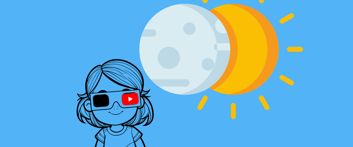 image of a cartoon solar eclipse and a young girl wearing eclipse glasses, one eye is covered by the YouTUbe logo