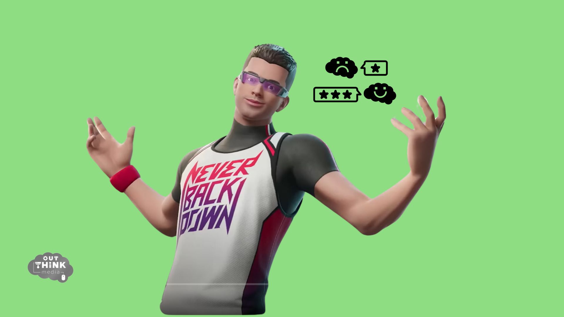 Nick Eh 30's Fortnite Icon Skin wearing a t-shirt that says "Never Back Down!"