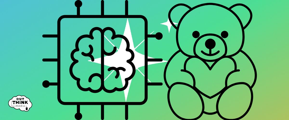 a brain with cables pointing away from it next to a stuffed teddy bear